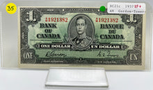 1937 Bank of canada BC-21c One Dollars EF-45 Gordon Towers, Serial-AM 1921382