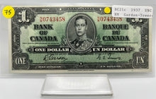 1937 Bank of canada BC-21c One Dollars UNC Gordon Towers, Serial-NM 0743458