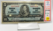 1937 Bank of canada BC-23b Five Dollars VG-8 Gordon Towers, Serial-BC 9973836