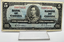 1937 Bank of canada BC-23b Five Dollars VG-8 Gordon Towers, Serial-BC 9973836