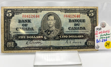 1937 Bank of canada BC-23b Five Dollars VG-8 Gordon Towers, Serial-DC 6412646