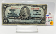 1937 Bank of canada BC-23b Five Dollars VG-8 Gordon Towers, Serial-KC 7408664