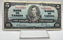1937 Bank of canada BC-23b Five Dollars VG-8 Gordon Towers, Serial-XC 0159564