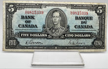 1937 Bank of canada BC-23b Five Dollars F-12 Gordon Towers, Serial-UC 0815339