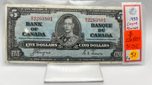 1937 Bank of canada BC-23c Five Dollars F-15 Coyne Towers, Serial-BS 2263801