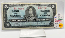 1937 Bank of canada BC-23c Five Dollars F-15 Coyne Towers, Serial-DS 3187292
