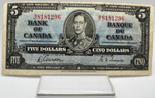 1937 Bank of canada BC-23b Five Dollars VF-20 Gordon Towers, Serial-BC 8181296