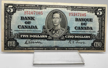 1937 Bank of canada BC-23b Five Dollars VF-30 Gordon Towers, Serial-MC 5167105
