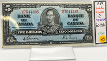 1937 Bank of canada BC-23b Five Dollars VF-30 Gordon Towers, Serial-MC 7544335