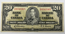 1937 Bank of canada BC-25b Twenty Dollars VF-20 Gordon Towers, Serial-CE 0343365