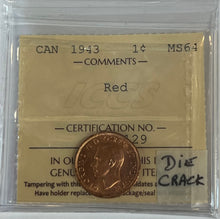 Canada One Cent 1943 MS-64 ICCS Die Crack