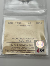 Canada Silver One Dollar 1937 AU58  ICCS