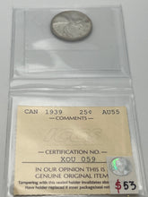 CANADA SILVER TWENTY-FIVE CENTS 1939 ICCS AU-55