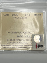 CANADA SILVER TWENTY-FIVE CENTS 1939 ICCS MS-62