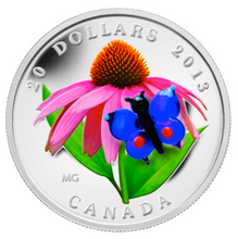 2013 20 Dollars Fine Silver Coin, venetian Glass-Purple Coneflower and Eastern Tailed Blue Butterfly