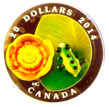 2014 20 Dollars Fine Silver Coin, venetian Glass-Water lily and Leopard Frog