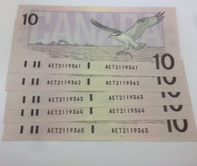 1989 Lot of 5 Bank of Canada 10 Dollars MacDonald Banknote AET 2119361 to 2119365